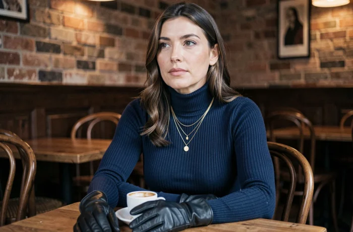 Femme portant des accessoires dorés tendance et des gants en cuir assise dans un café parisien chaleureux