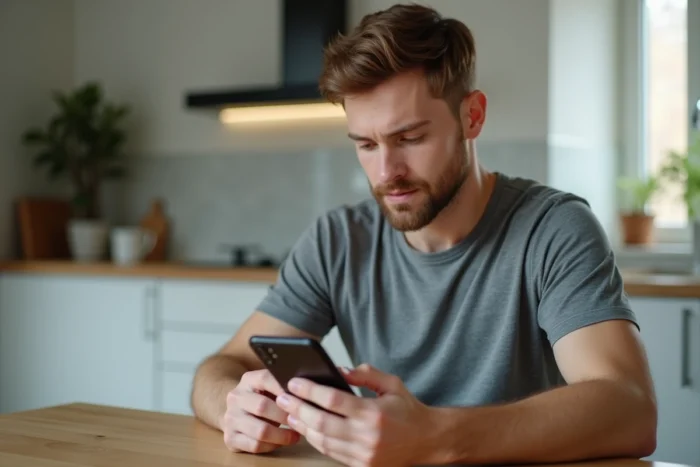 Homme activant le mode avion sur son smartphone depuis son interface d'écran