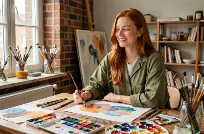 Femme peignant à l'aquarelle à sa table de travail dans un studio créatif à domicile, pratiquant une activité créative hebdomadaire