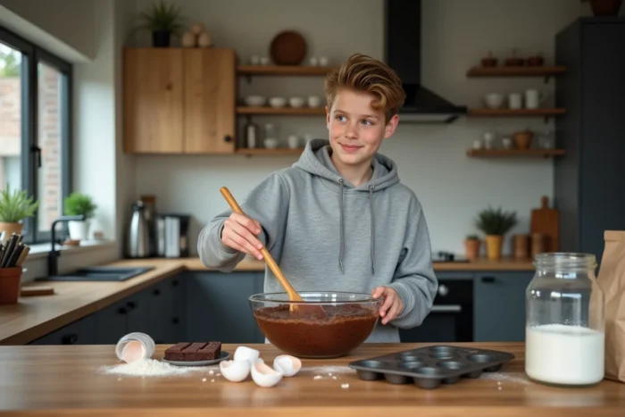 Adolescent souriant préparant une pâte à brownies au chocolat dans une cuisine moderne, ambiance gourmande et décontractée