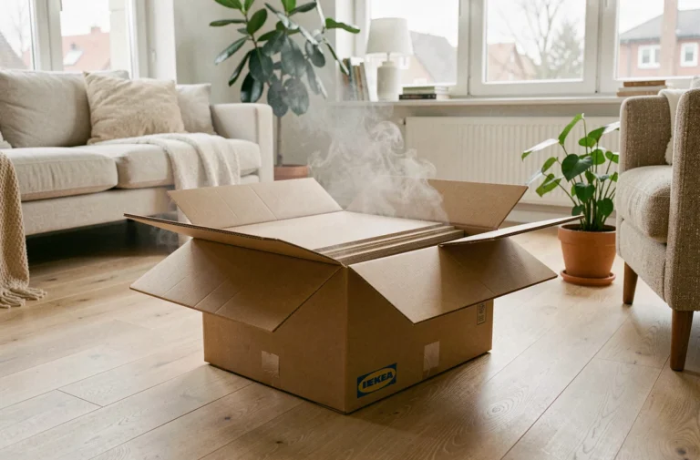 Carton de meuble Ikea ouvert sur un parquet en bois avec fenêtres ouvertes pour aération dans un appartement scandinave moderne