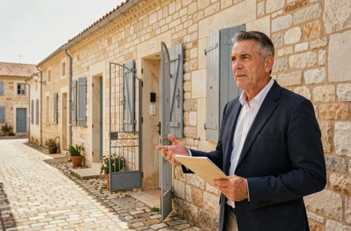 Agent immobilier devant une maison en pierre à Pézenas, tenant un dossier de vente immobilière