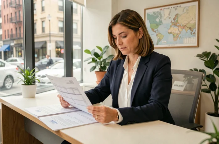 Agente immobilière analysant des documents d'estimation de bien immobilier dans une agence moderne