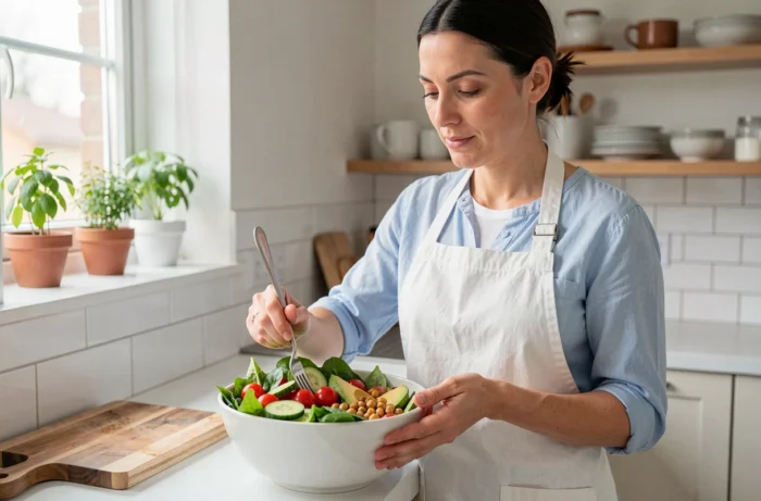 Femme préparant un grand bol de salade colorée riche en végétaux dans une cuisine moderne, illustrant une alimentation saine et équilibrée