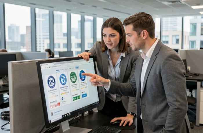 Deux collègues analysant ensemble les indicateurs de confiance et la réputation d'un site web en entreprise