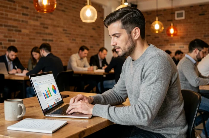 Entrepreneur analysant des données de croissance marketing sur un ordinateur portable dans un espace de co-working