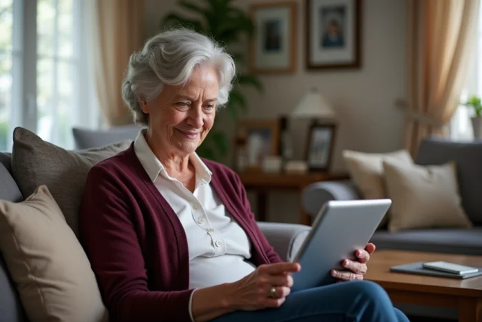 Femme senior configurant AOL Mail en langue française sur une tablette dans un salon
