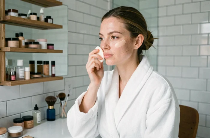 Femme appliquant un fond de teint clair et couvrant avec une éponge beauty blender devant un miroir de salle de bain