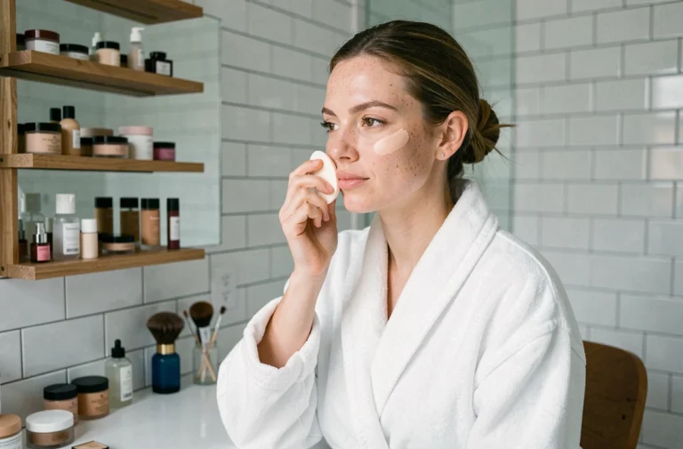 Femme appliquant un fond de teint clair et couvrant avec une éponge beauty blender devant un miroir de salle de bain