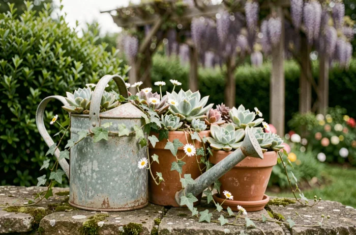 Arrosoir en fonte et pots en céramique avec succulentes et marguerites dans un coin de jardin harmonieux