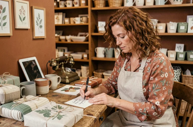 Artisane dans une boutique créative écrivant une note personnalisée entourée d'articles faits main