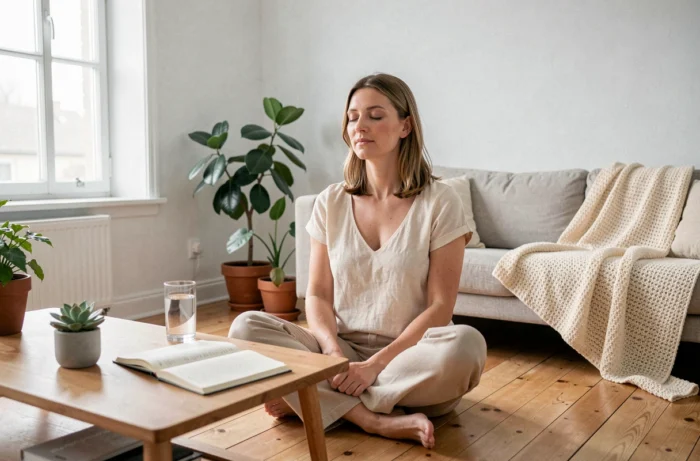 Femme sereine pratiquant la pleine conscience dans un salon scandinave lumineux, entourée de plantes vertes et d'un journal ouvert, illustrant le bien-être au quotidien