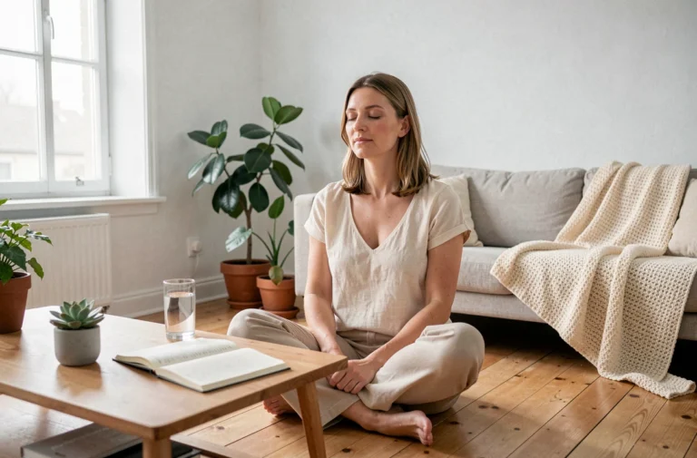 Femme sereine pratiquant la pleine conscience dans un salon scandinave lumineux, entourée de plantes vertes et d'un journal ouvert, illustrant le bien-être au quotidien