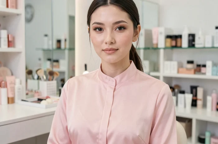 Esthéticienne en blouse rose pastel professionnelle assise dans un salon de beauté moderne