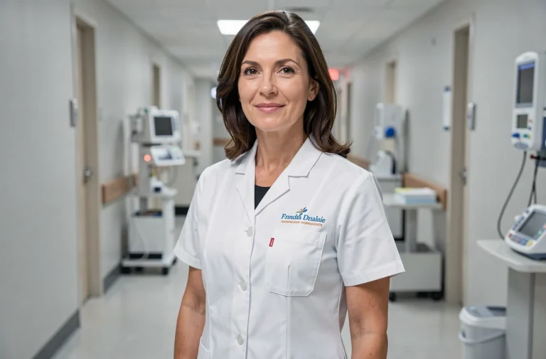Femme médecin portant une blouse médicale blanche professionnelle dans un couloir d'hôpital moderne