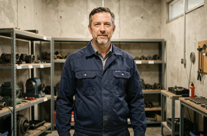 Technicien portant une blouse de travail bleu marine avec poches multiples dans un atelier industriel