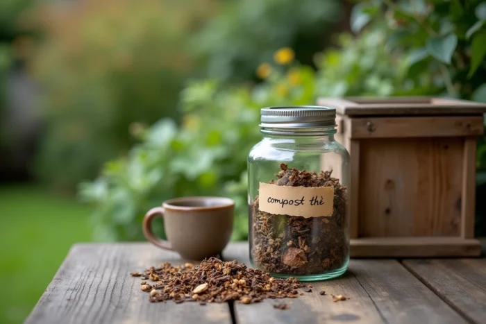 Bocal en verre contenant des sachets de thé usagés séchés posé sur une table de jardin en bois patiné, ambiance zéro déchet