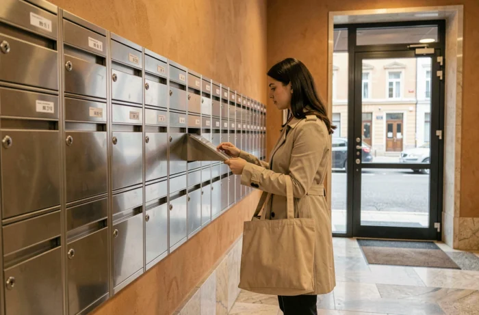 Jeune femme accédant à une boîte postale dans un hall d'immeuble, alternative pour recevoir son courrier sans adresse personnelle