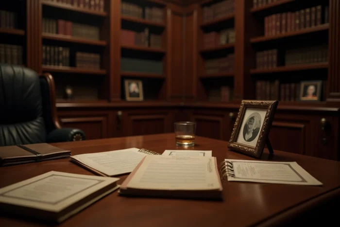 Bureau privé avec documents juridiques et photo encadrée évoquant l'hommage rendu à Dennis Shields dans la série Billions