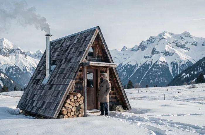 Cabane A-frame en bois sombre dans un pré alpin enneigé avec homme en manteau de laine et montagnes en arrière-plan