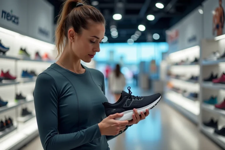 Femme examinant des chaussures de running dans un magasin de sport pour choisir le bon équipement sportif