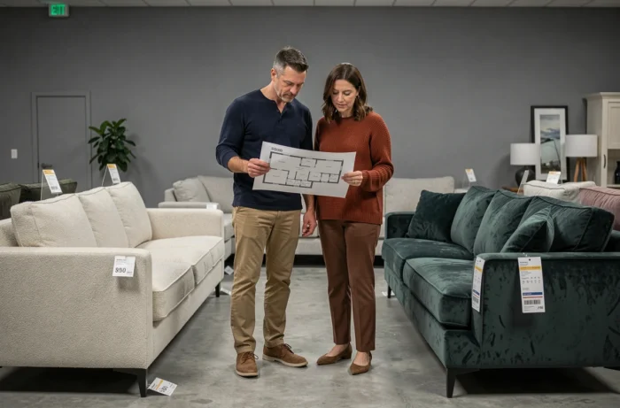 Couple comparant deux canapés de tailles différentes dans un showroom de meubles avec plan de salon en main