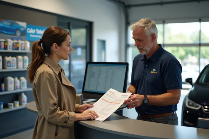 Cliente discutant d'un rapport de diagnostic automobile avec un conseiller dans un centre de service auto professionnel