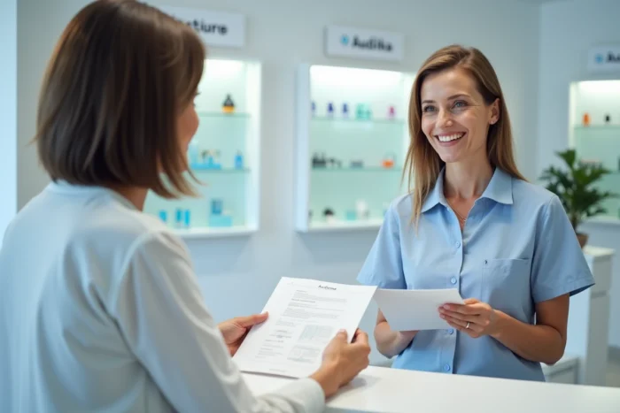 Cliente discutant du prix et du remboursement de son appareil auditif Audika en centre auditif