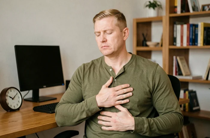 Homme pratiquant la cohérence cardiaque les mains sur la poitrine et l'abdomen avant de commencer une journée de télétravail