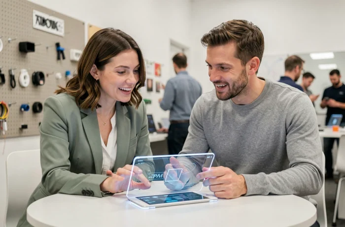 Deux professionnels collaborant autour d'un prototype de tablette holographique dans un laboratoire d'innovation numérique