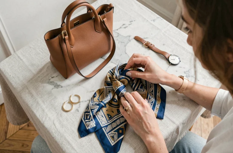 Plat posé d'accessoires tendance de saison sur marbre blanc incluant sac en cuir, foulard en soie et montre minimaliste