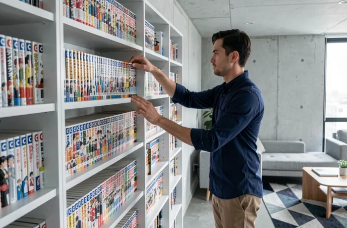 Collectionneur adulte organisant soigneusement des mangas connus commençant par C sur une étagère moderne