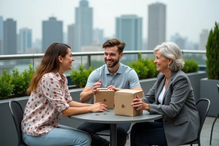 Groupe de collègues prenant leur pause déjeuner en terrasse avec des paniers repas fournis par leur employeur