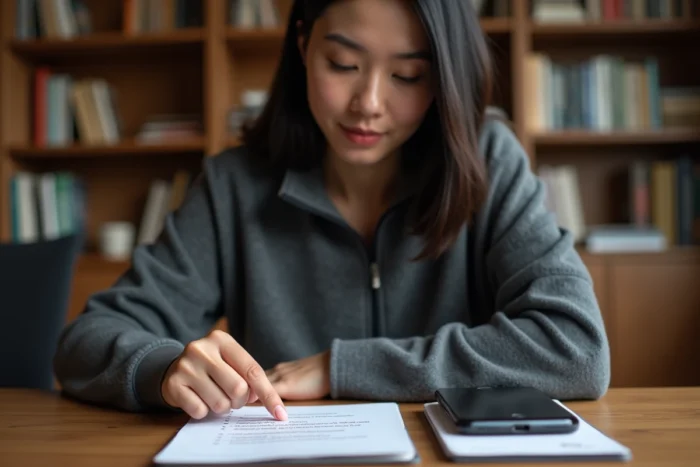 Femme combinant plusieurs méthodes simultanément avec une liste de contrôle et une pochette Faraday sur un bureau