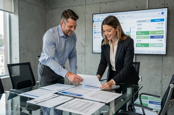 Deux professionnels de l'immobilier comparant des rapports d'estimation de différentes agences