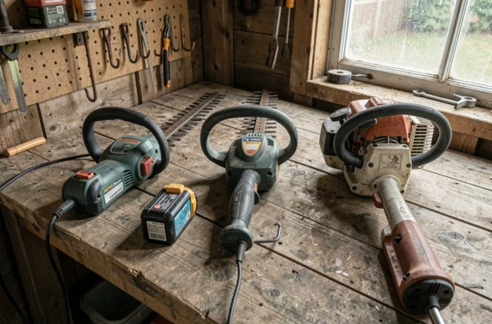 Comparaison de trois types de taille-haies posés sur un établi en bois dans un atelier de jardin