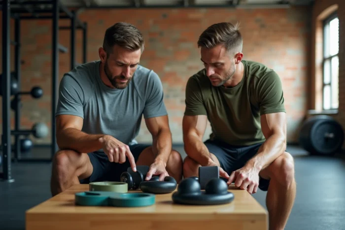 Deux sportifs comparant des accessoires et équipements de sport dans une salle de gym
