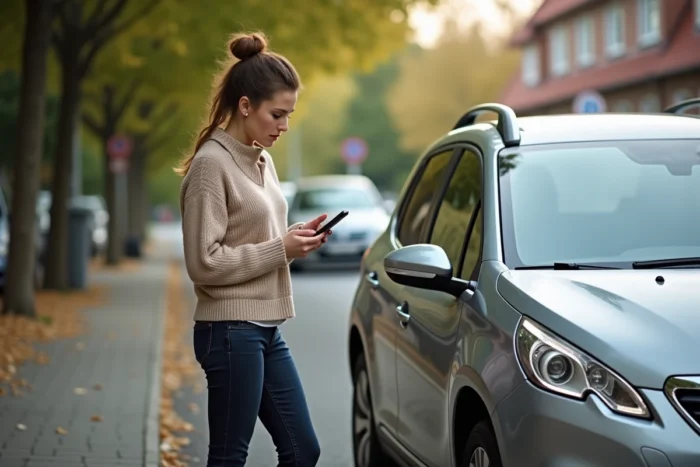 Conductrice consultant son smartphone à côté d'une Peugeot 2008 garée dans la rue après un voyant de service allumé