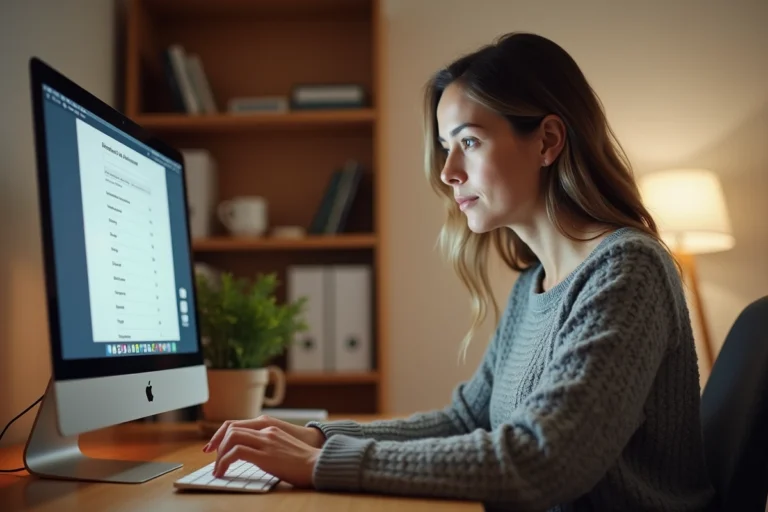 Femme configurant la langue française dans AOL Mail sur un ordinateur de bureau à domicile
