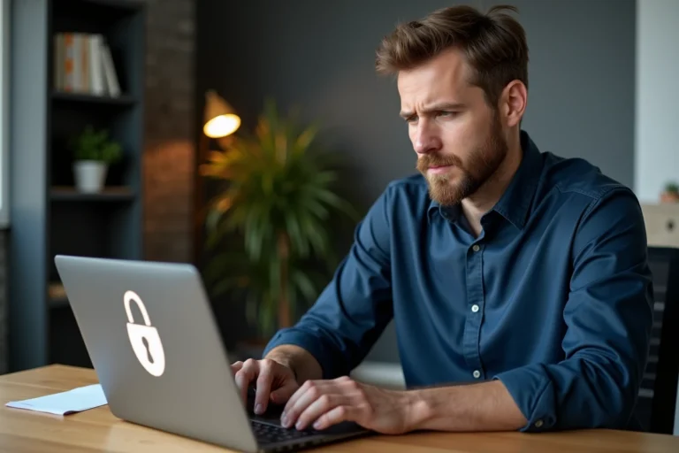 Homme vérifiant la sécurité de sa connexion à un site web sur son ordinateur portable dans un bureau à domicile