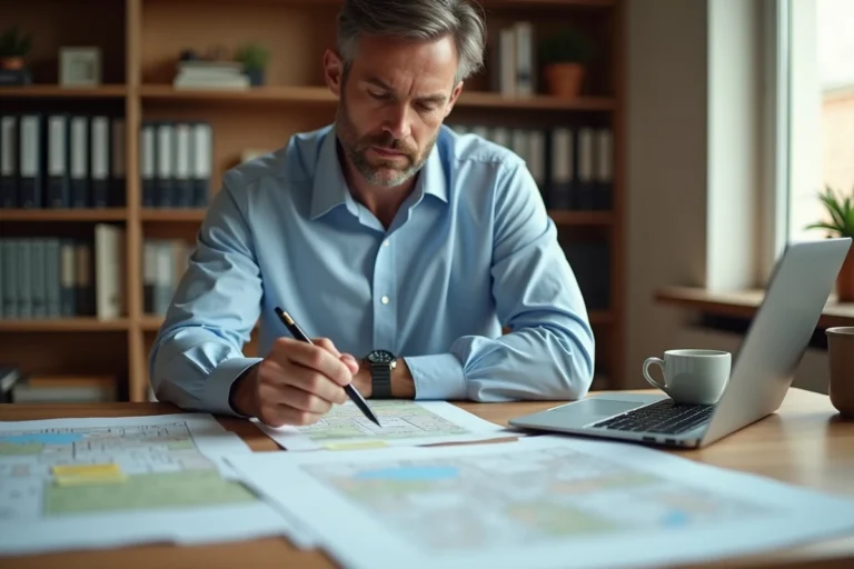 Homme consultant des documents cadastraux et des cartes foncières pour l'achat d'un terrain en France