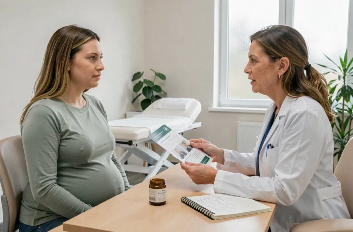 Femme enceinte en consultation médicale discutant avec son médecin des risques et bienfaits de la propolis pendant la grossesse