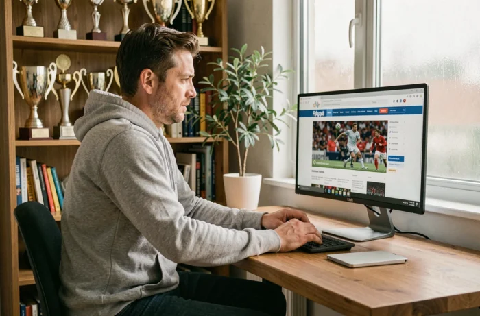 Homme adulte consultant les services et actualités sportives d'Az Sport sur son ordinateur à domicile