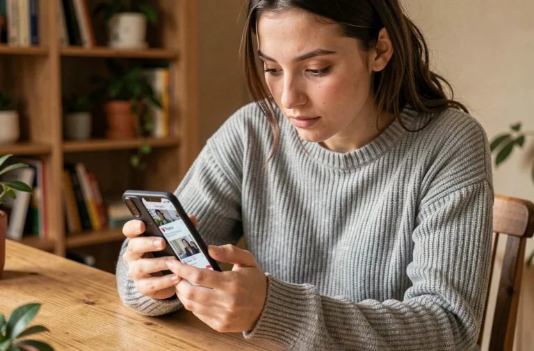 Jeune femme consultant les demandes de suivi Instagram sur son smartphone depuis un bureau à domicile