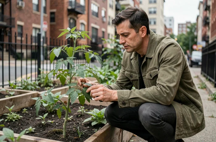 Homme se penchant vers des plants de tomates dans un jardin communautaire urbain, illustrant le contact avec la nature en milieu urbain