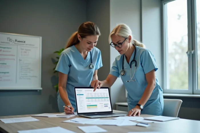 Deux coordinatrices de soins collaborant sur la mise en conformité de la traçabilité numérique avec Netsoins et le DMP en EHPAD