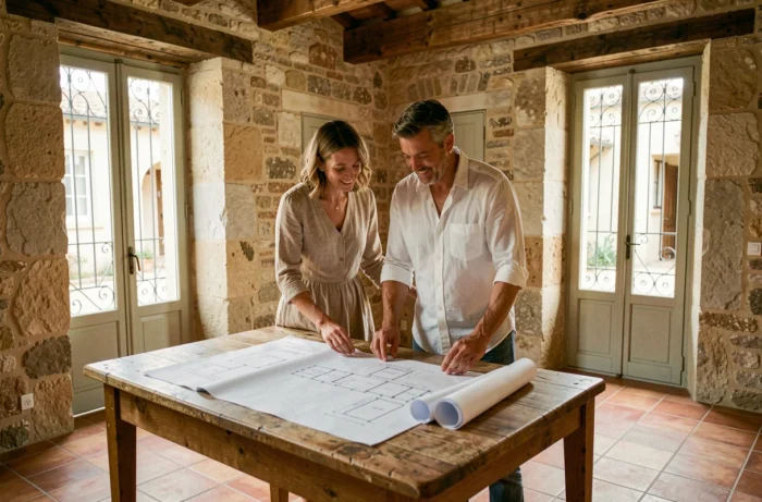 Couple consultant des plans de rénovation dans un appartement ancien à Pézenas avec sols en tomettes et murs en pierre