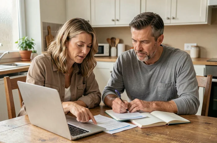 Couple consultant des documents fiscaux et un ordinateur portable pour calculer le quotient familial à la maison