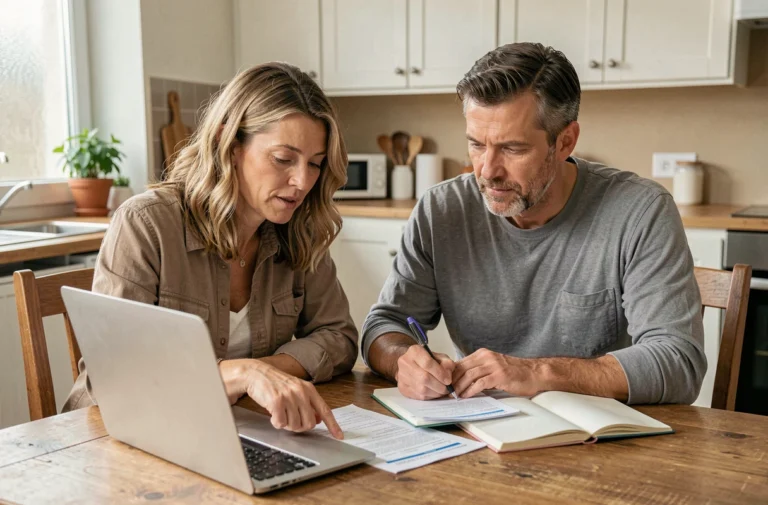Couple consultant des documents fiscaux et un ordinateur portable pour calculer le quotient familial à la maison