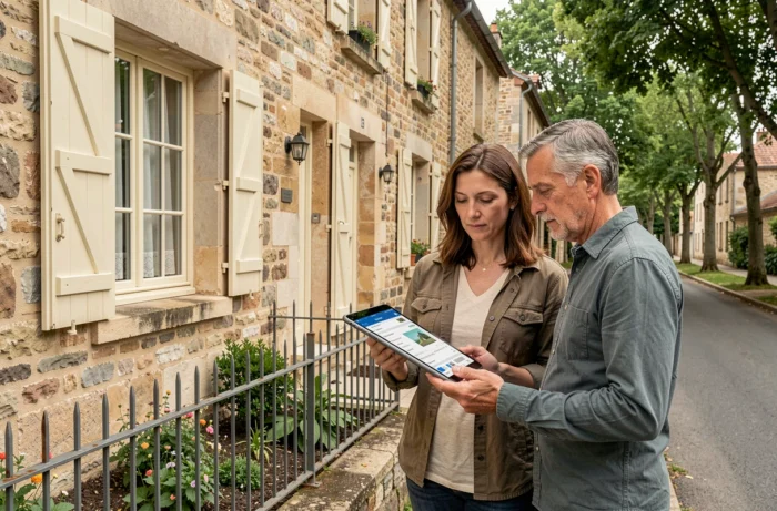 Couple consultant une estimation immobilière en ligne devant leur maison en banlieue française